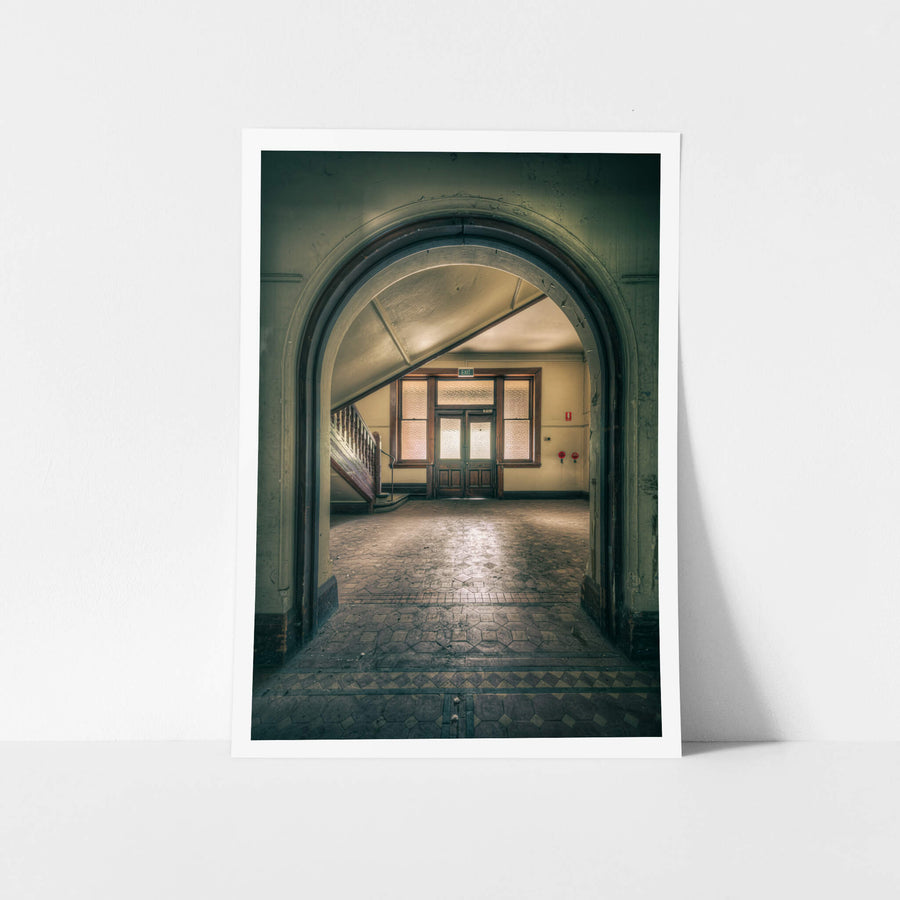Foyer Archway at Lewisham Hospital, a wide stone archway frames the entrance foyer.