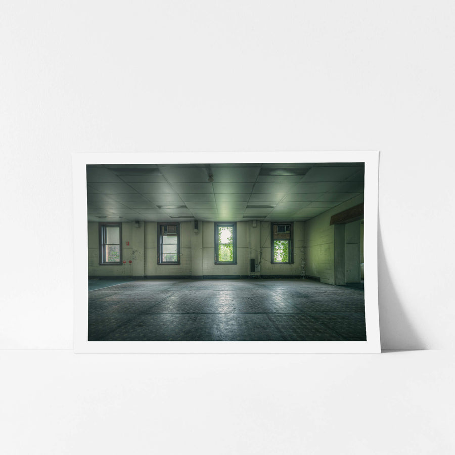 Hollow Room at Lewisham Hospital, green light filters through five windows, thick with vine growth pressing against.