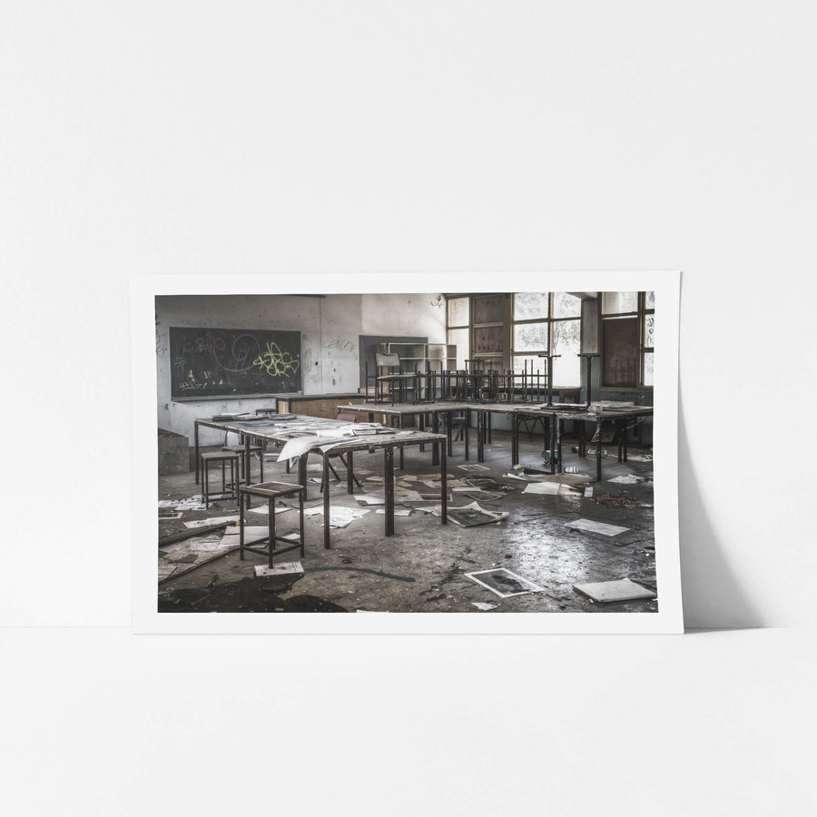 Art Class at Macquarie Boys Technology High, wooden stools sit upright around long laboratory-style benches.