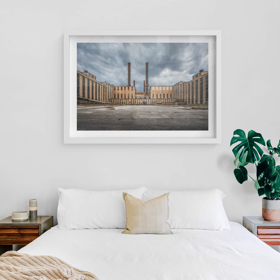 AB Launder Yard at Morwell Power Station, two brick chimneys rise from the centre of the frame, flanked by the symmetrical.