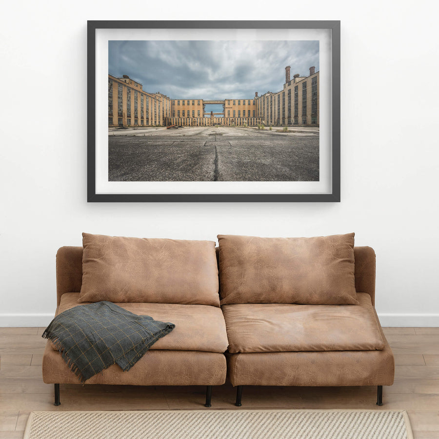 C and D Factory at Morwell Power Station, two symmetrical wings of buff-coloured brick rise four storeys high, flanking.