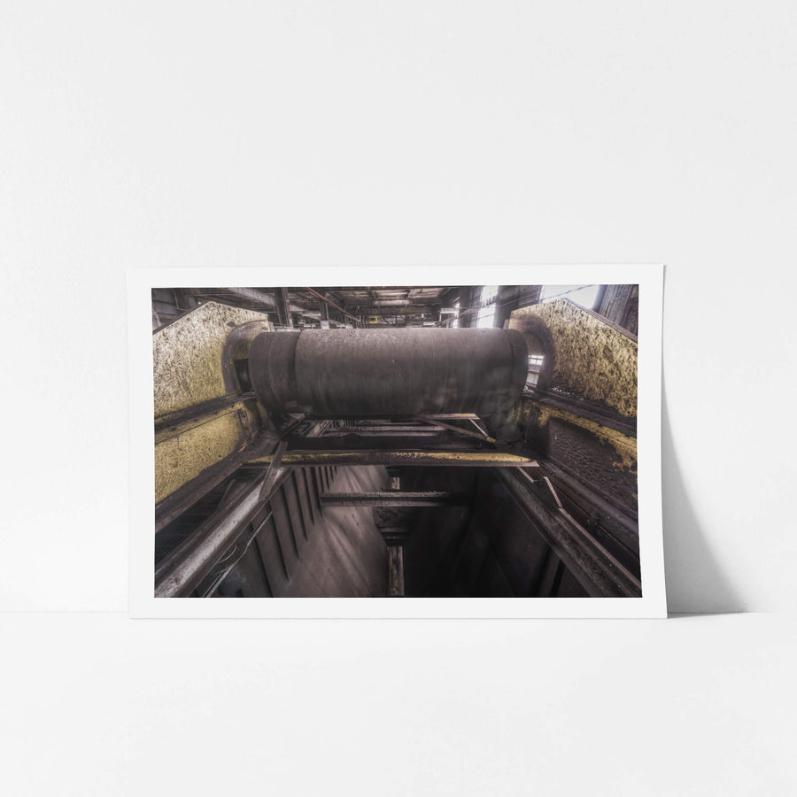 Raw Coal Bunker at Morwell Power Station, a massive steel drum roller sits at the top of the coal bunker, mounted.