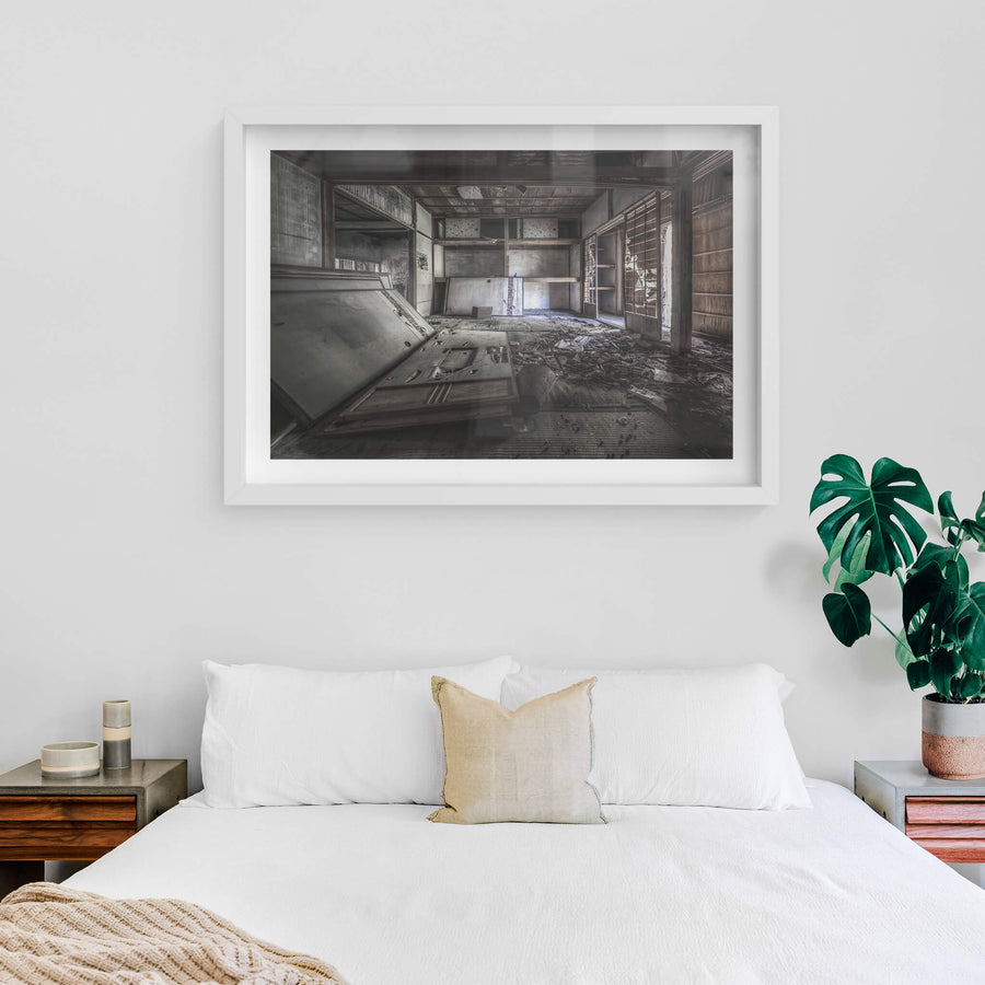 Living Quarters at Nichitsu Mining Village, a tatami room inside a collapsed Japanese dwelling.