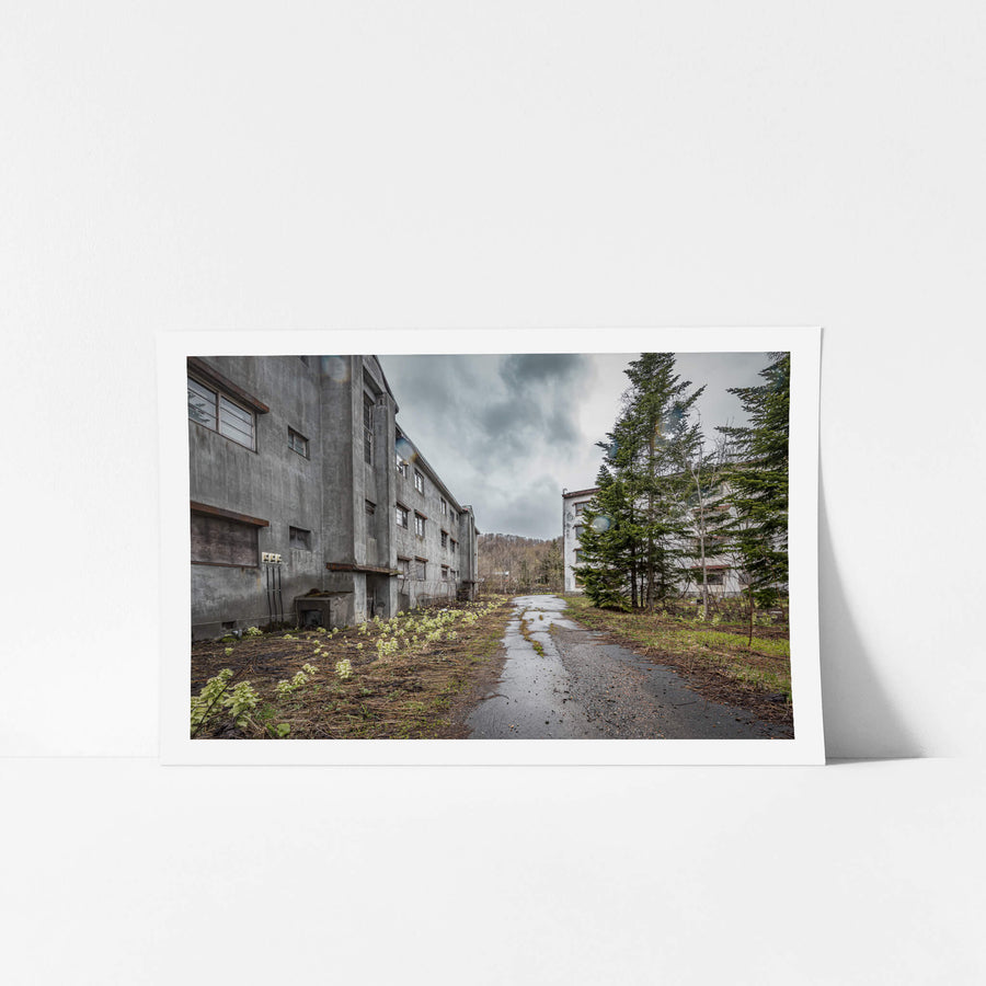 Public Housing Driveway at Streetscapes of Yubari, a driveway dividing two abandoned blocks of public housing.