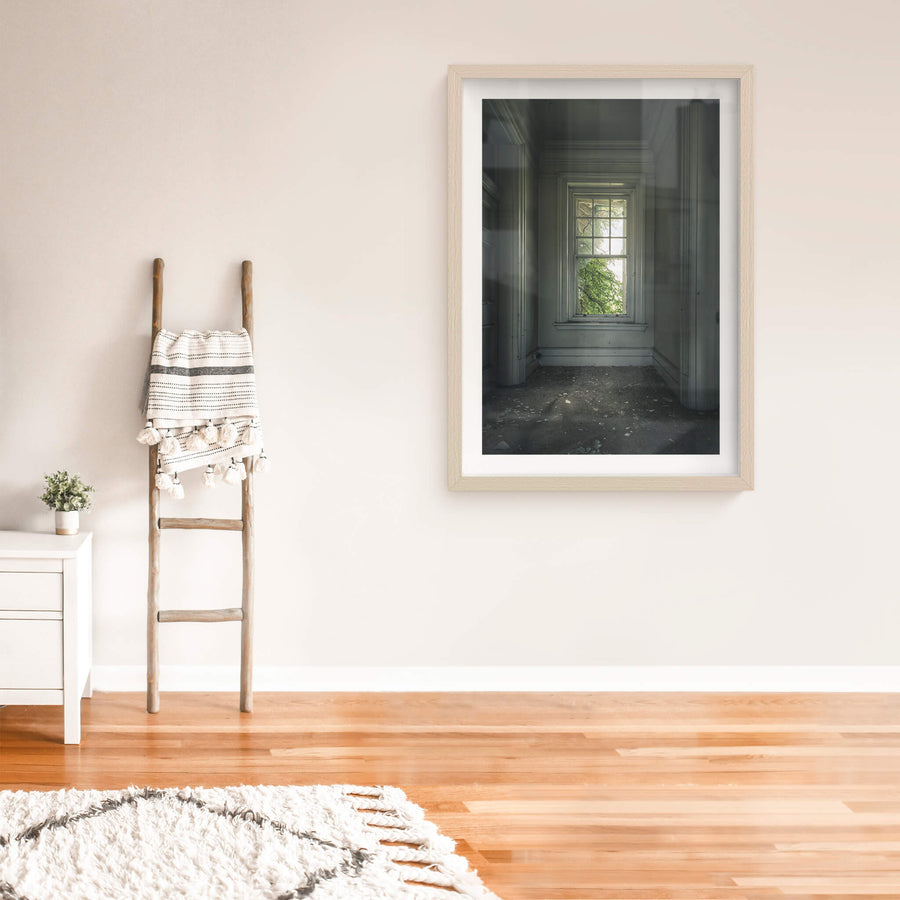 Top Floor Garden at The Asylum, a tall sash window sits recessed in an alcove on the upper floor.