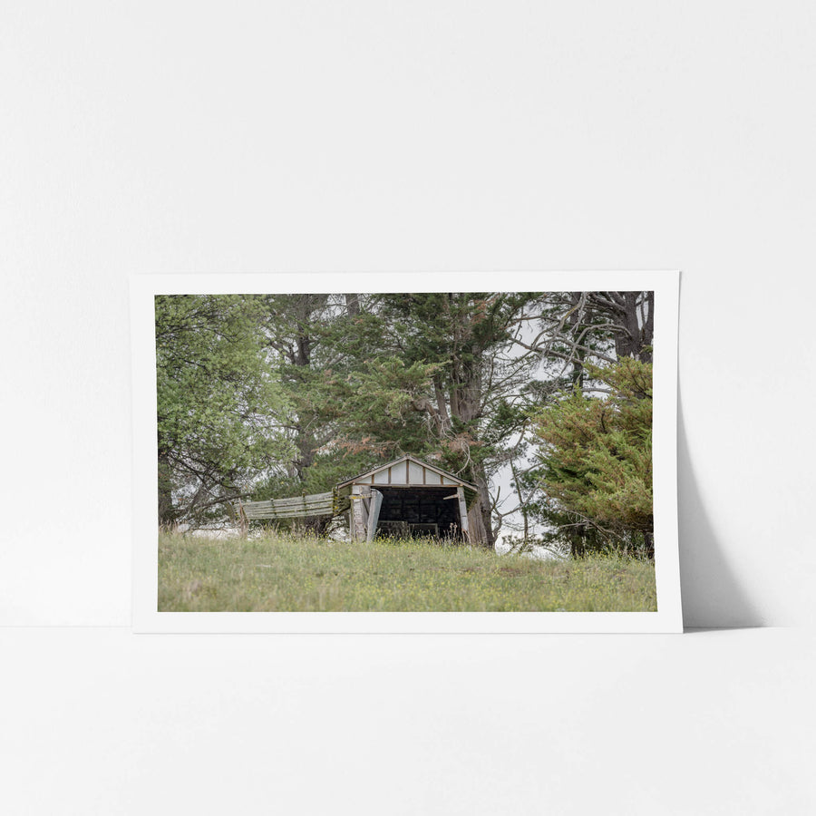 Hilltop Shed at The Woolshed, a small timber shed sits low on a grassed hilltop, its gable face open to the paddock.