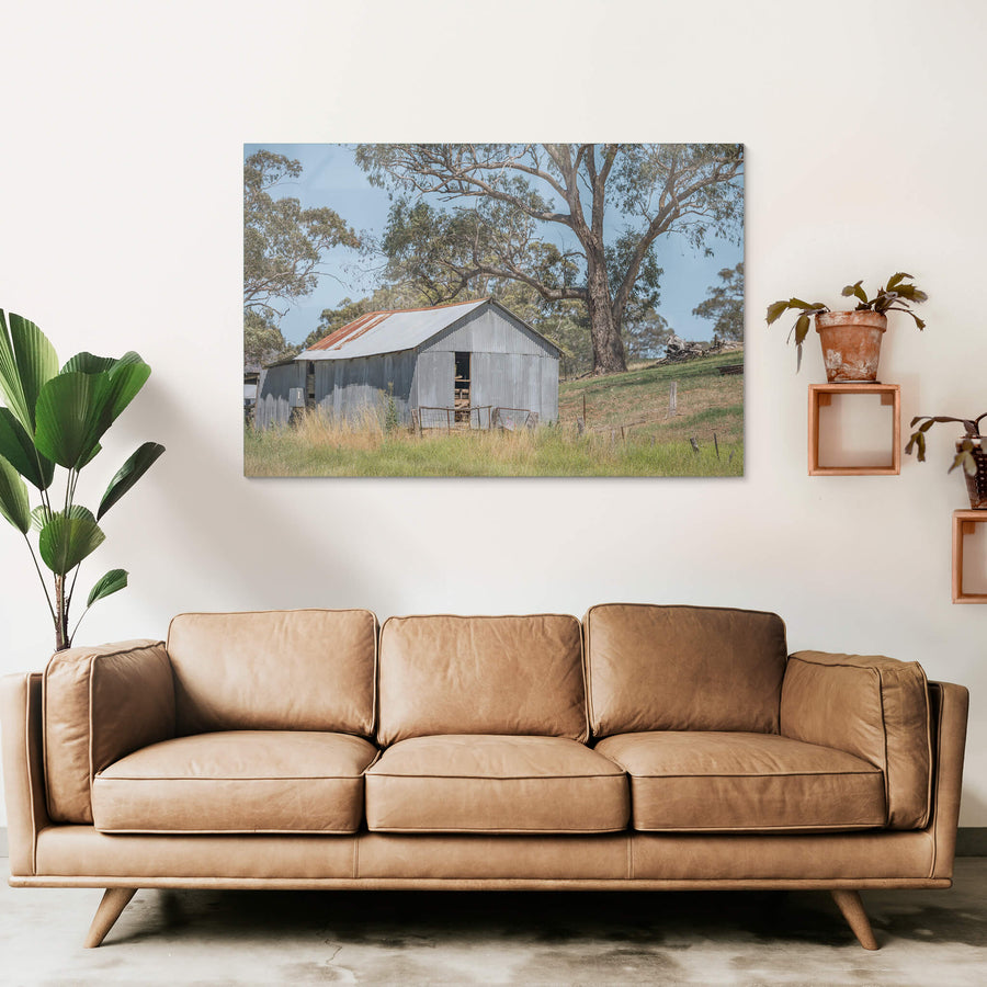 Simple Shed at The Woolshed, corrugated iron walls sit grey and weathered against a gentle slope of dry grass.