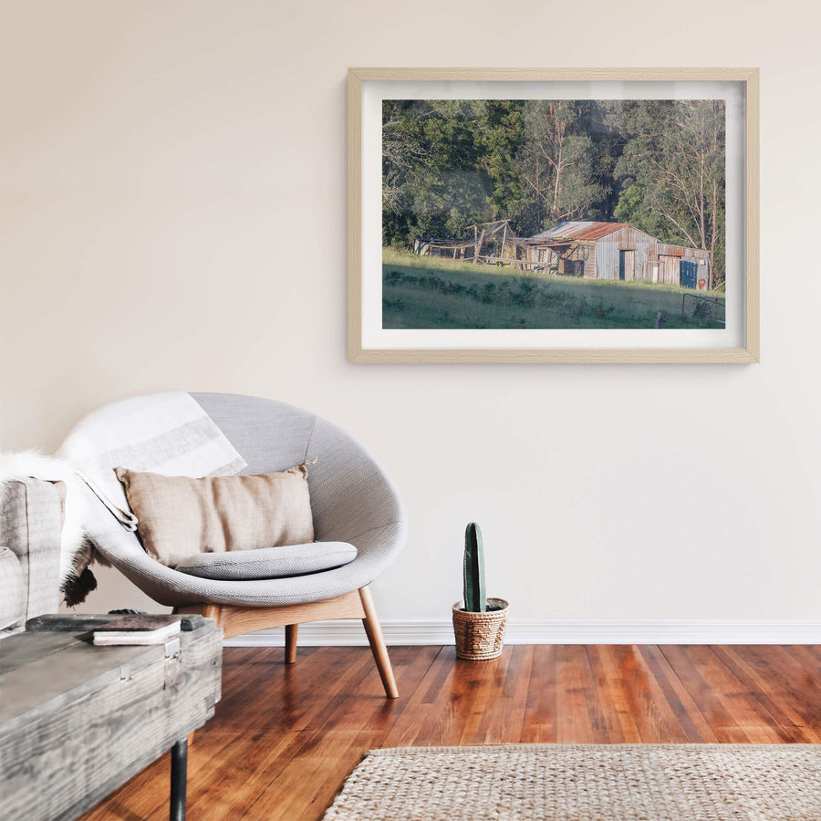South Pambula Shed at The Woolshed, corrugated iron and weatherboard hold together in a patchwork of repairs and additions.