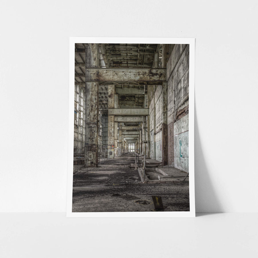 Boiler House Walkway at Wangi Power Station, a long corridor runs between massive concrete columns and the brick.