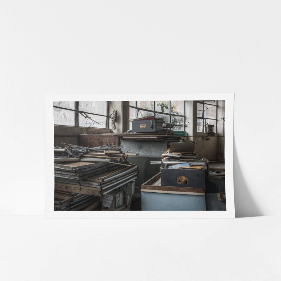 Collapsed Shelving at Wangi Power Station, stacks of dismantled shelving and filing drawers sit in storage within.