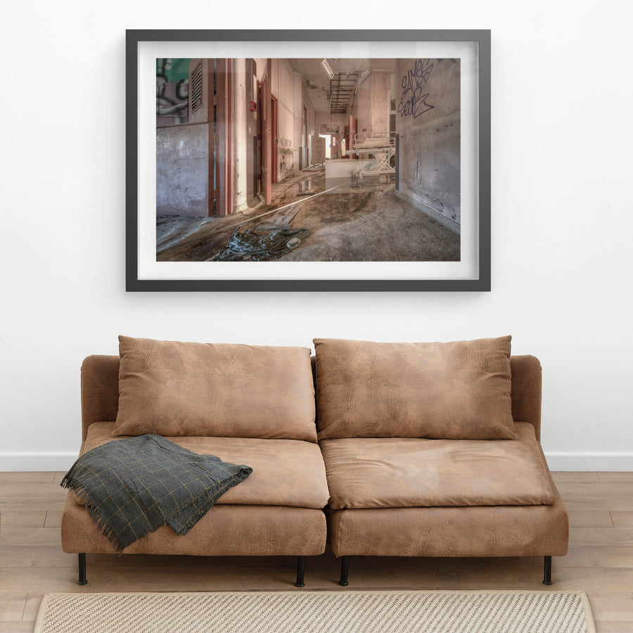 Caleb Was Here at Waterfall Sanatorium, a corridor runs deep into the ward.