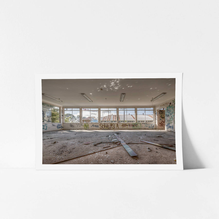 Daylight at Waterfall Sanatorium, a wide room stripped bare.