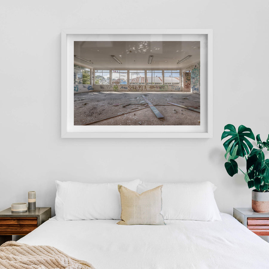 Daylight at Waterfall Sanatorium, a wide room stripped bare.