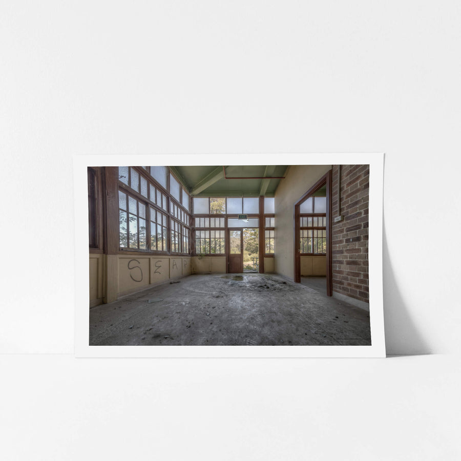 Glasshouse at Waterfall Sanatorium, frosted glass panels fill the walls from dado rail to ceiling, framed in dark timber.