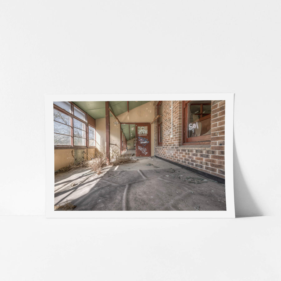Indoor Plants at Waterfall Sanatorium, a covered walkway runs along the brick facade of a ward building.