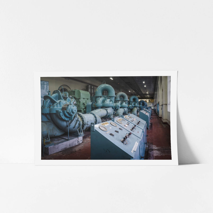 Pump Hall Facing North at West Ryde Pumping Station, unframed print displayed in situ on a wall.