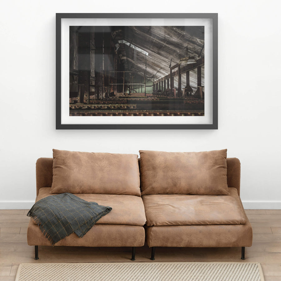 Rafters at West Ryde Pumping Station, weathered timber rafters stretch across the cavernous interior of the West Ryde.