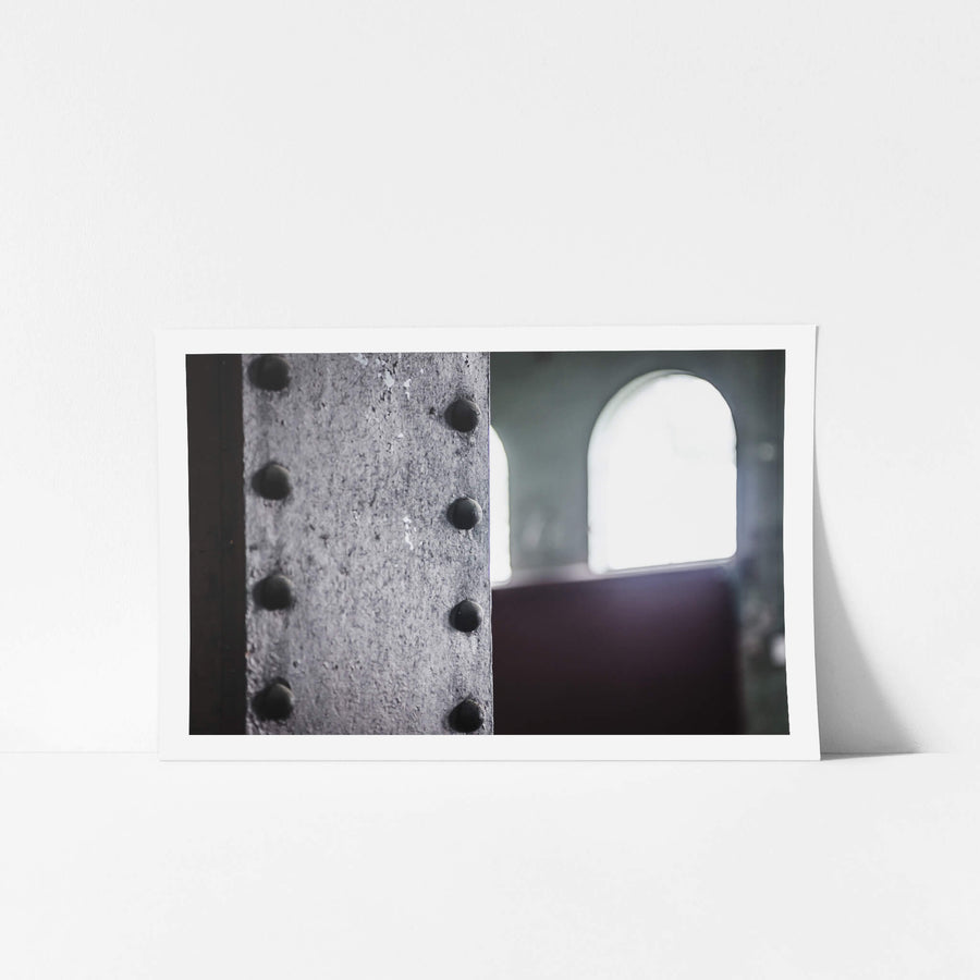 Rivets at West Ryde Pumping Station, unframed print displayed in situ on a wall.