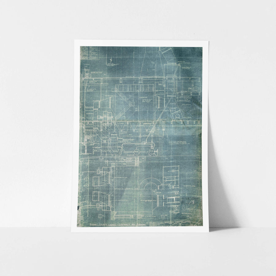 Boiler Blueprint at White Bay Power Station, a faded blueprint, discolored with time, detailing the entire Boiler House.