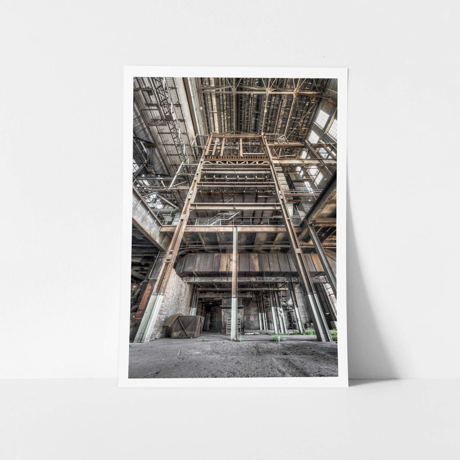 Boiler House Basement To Ceiling at White Bay Power Station, steel framework climbs from the basement floor.