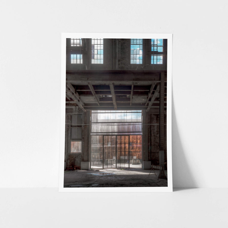 Boiler House To Coal Handling Shed at White Bay Power Station, steel girders frame a wide opening between the boiler house.