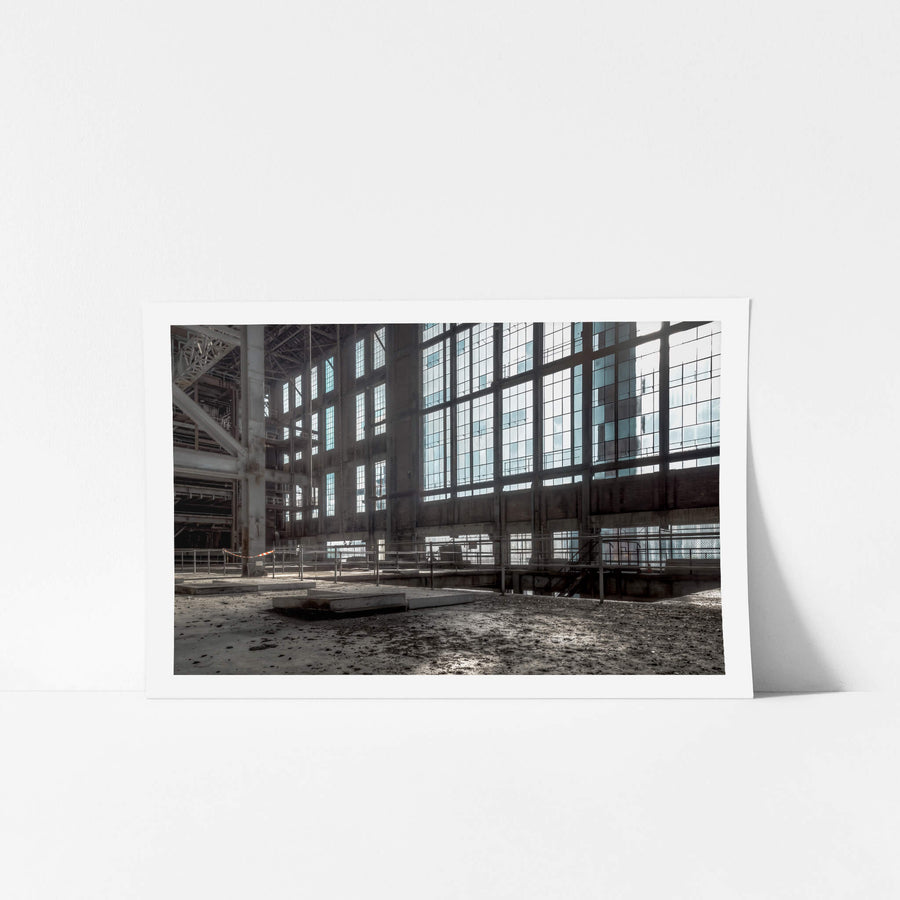 Boiler House at White Bay Power Station, light floods through a wall of steel-framed windows three storeys high.