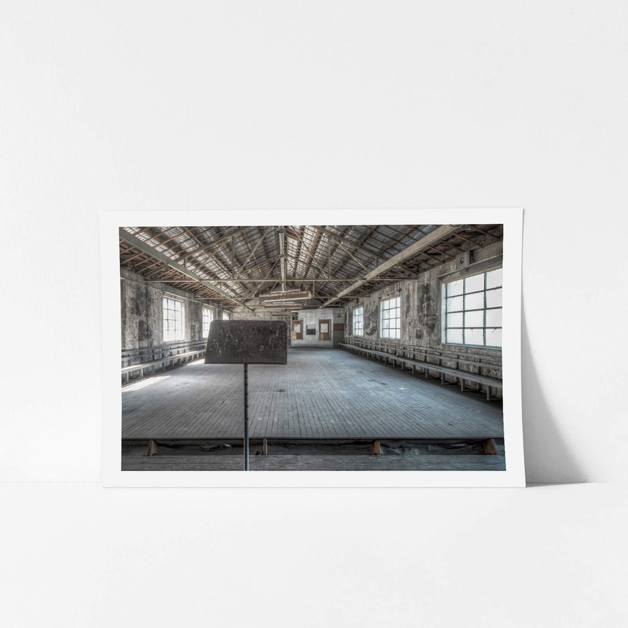 Entertainment Hall Stage at White Bay Power Station, a raised timber stage fills the centre of the hall, its floorboards.