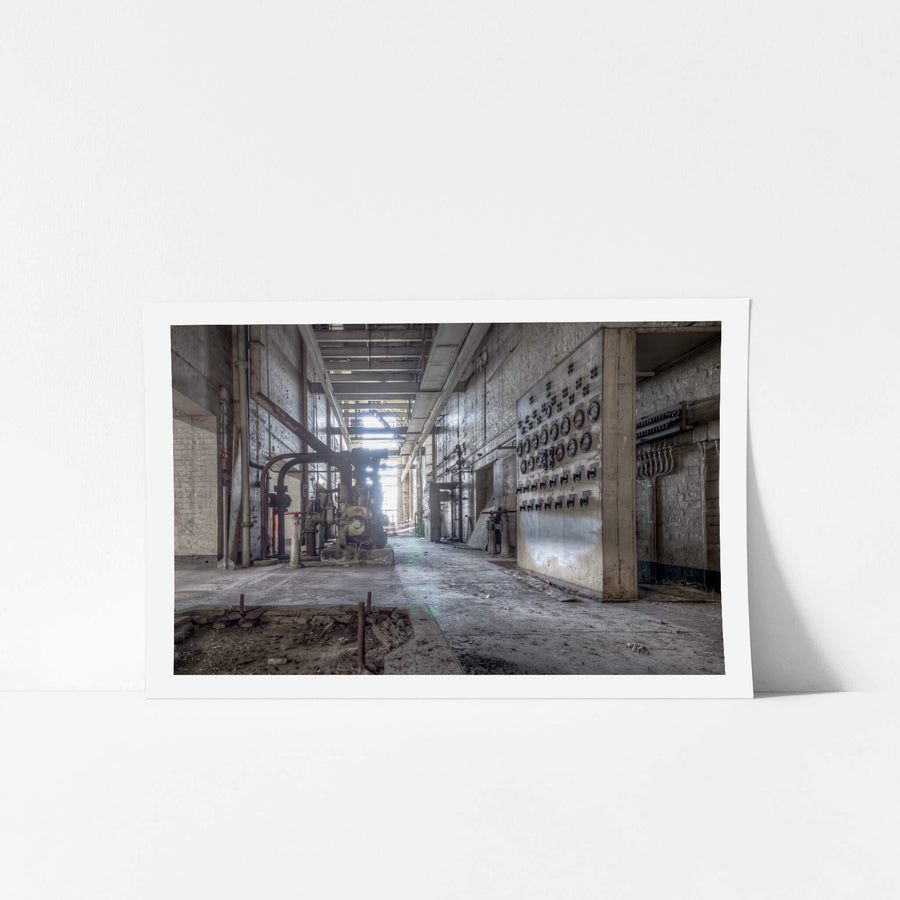 Pump House at White Bay Power Station, a long corridor runs between painted brick walls inside White Bay Power Station's.