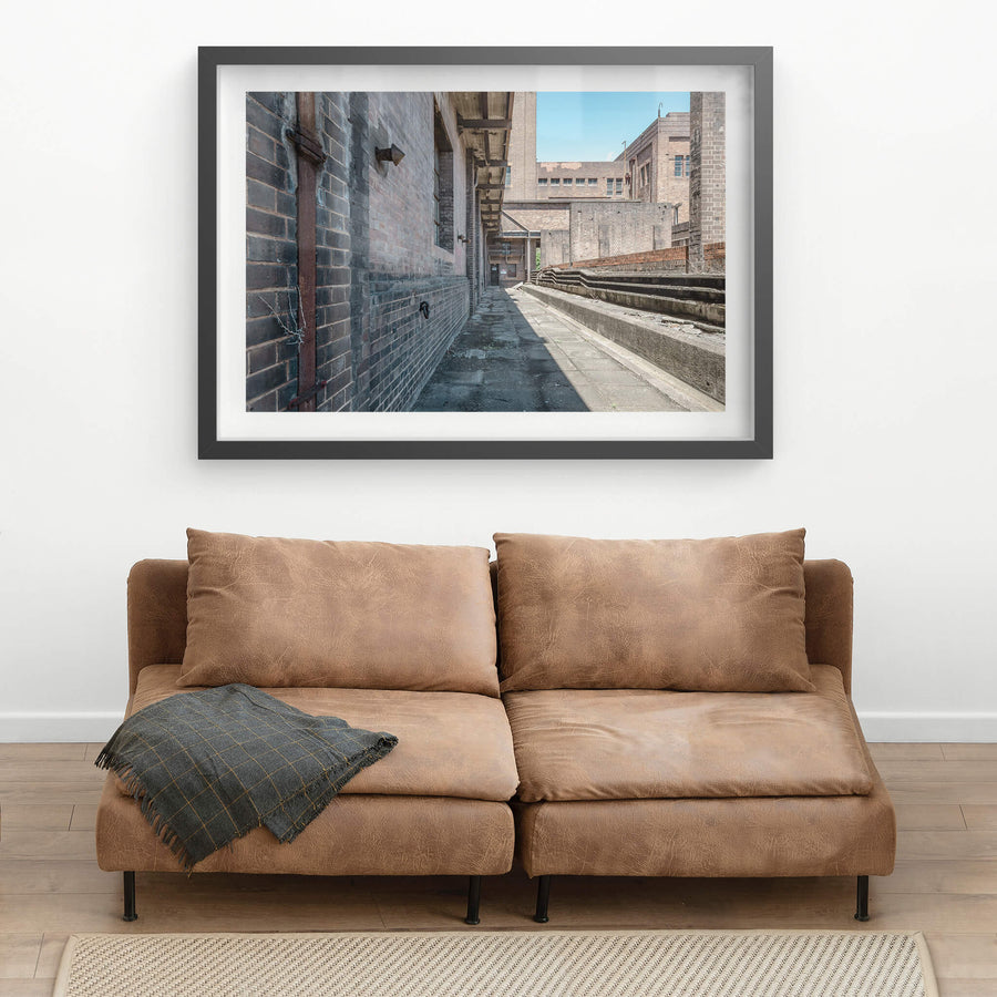 Switch House Wall at White Bay Power Station, a narrow walkway runs alongside the White Bay Power Station Switch House.