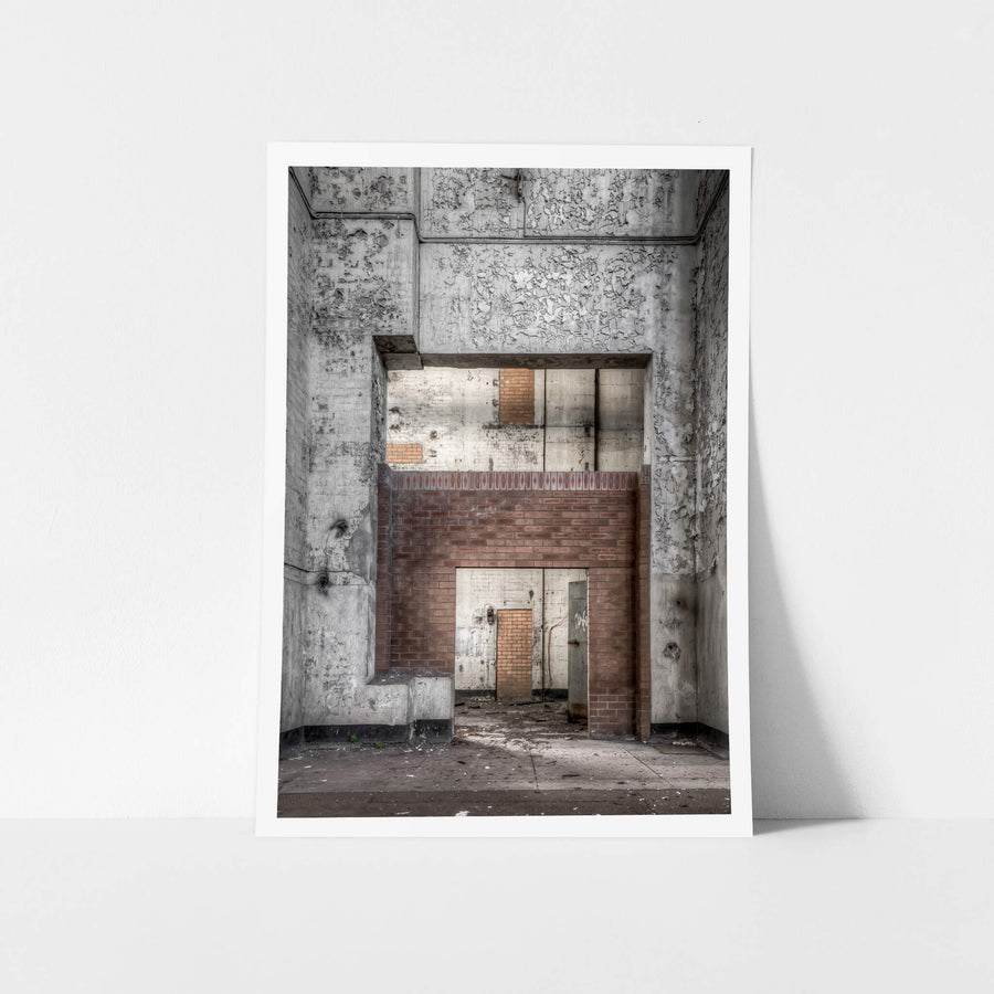 Workshop Entrance at White Bay Power Station, a red brick partition sits inside a massive concrete void, its neat.